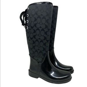 Coach Black Tristee Lace Up Tall Knee Rain Boots with Signature C Pattern (9)